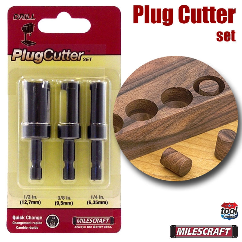 5340 Milescraft Plug Cutter Set - package sold and example plugs cut