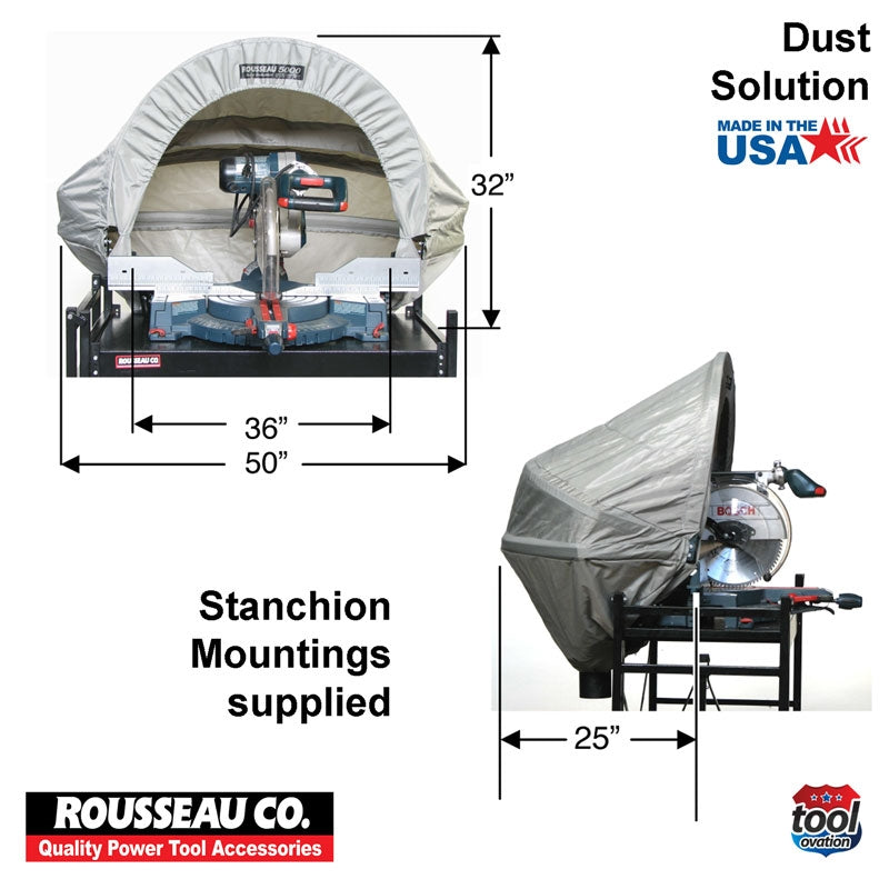 DAC5000 Rousseau 500 Dust Solution for Mitre Saws - hood dimensions, 32" high, 36" hood mouth, 50" hood width total