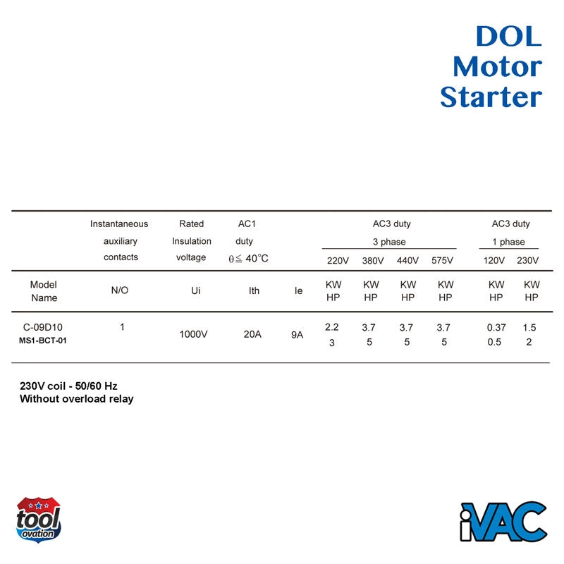 DOL Motor Starter - AC3 230Vac 2.2KW